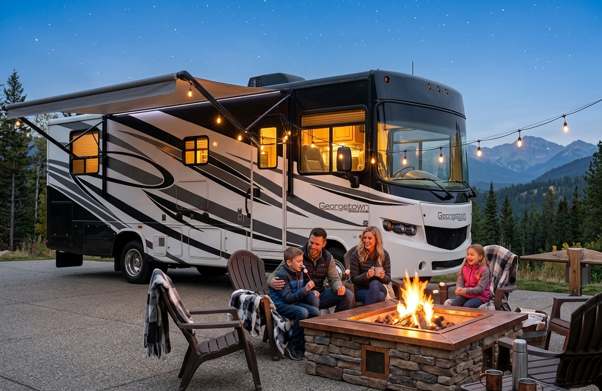 Family enjoying a Georgetown RV rental near Philadelphia at a mountain campsite